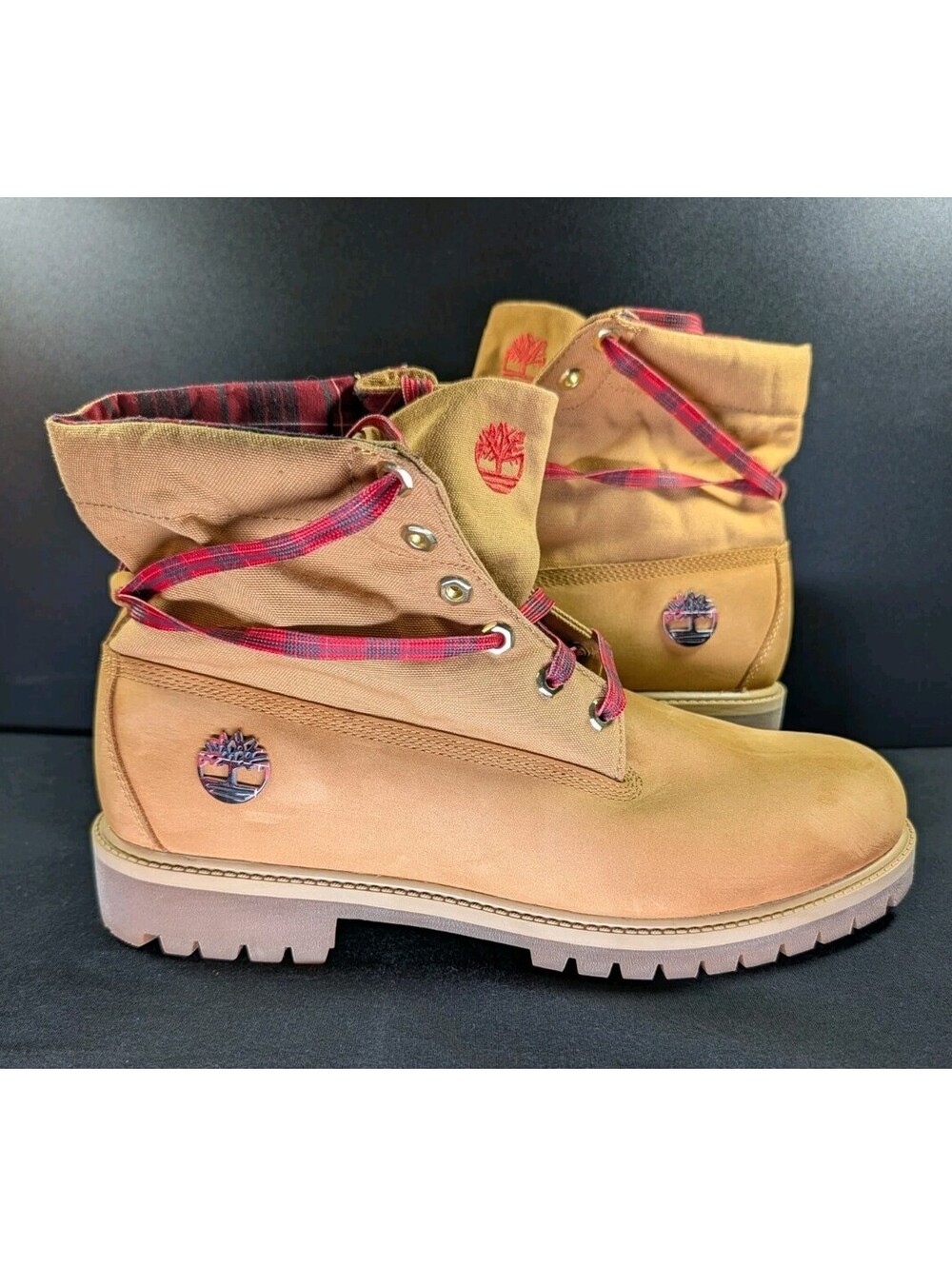 Timberland Mens 11.5 Wheat Plaid Roll Top Nubuck Leather Boots Lug Sole Workwear